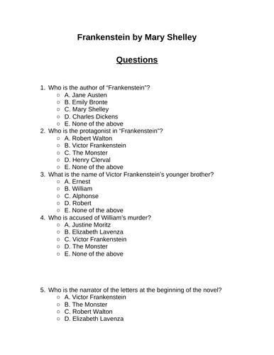 Multiple Choice Study Questions Frankenstein Answers Reader