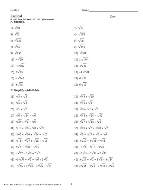 Multiplying And Dividing Radical Expressions Worksheet Answers PDF