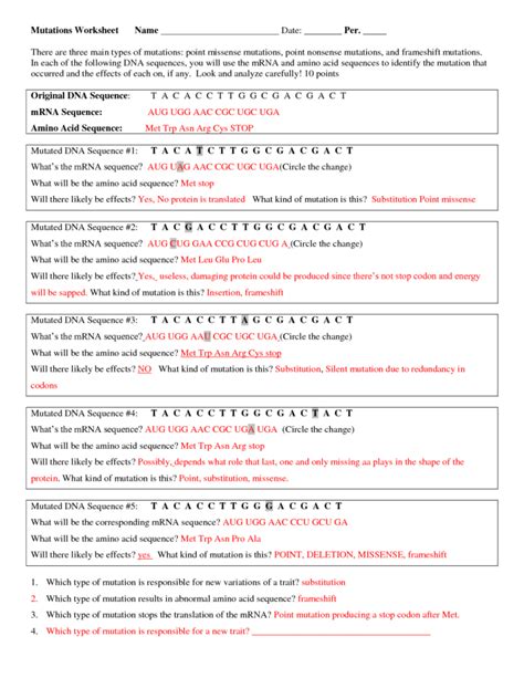 Mutations Practice Answer Key With Answers PDF