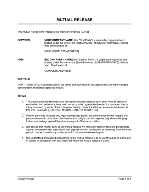 Mutual Release Agreement Template