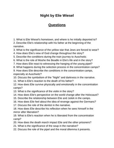 NIGHT ELIE WIESEL COMPREHENSION QUESTIONS ANSWERS Ebook Reader