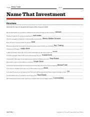 Name That Investment Worksheet Answers Doc