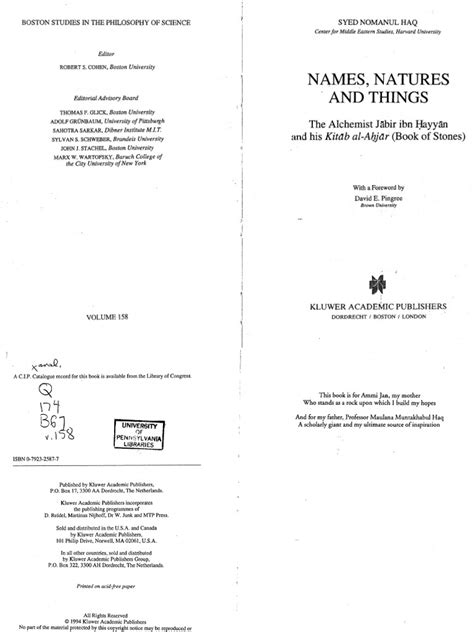 Names, Natures and Things The Alchemist Jabir ibn Hayyan and his Kitab al-Ahjar 1st Edition Doc