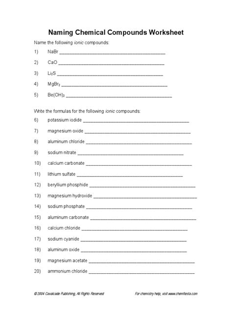 Naming Chemical Compounds Worksheet Cavalcade Publishing Answers Reader