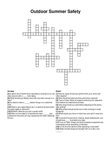 National Safety Month Summer Crossword Answers Reader