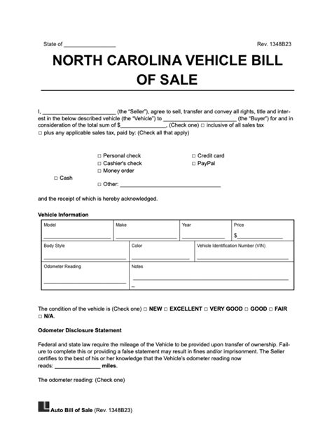 Nc Auto Bill Of Sale Template