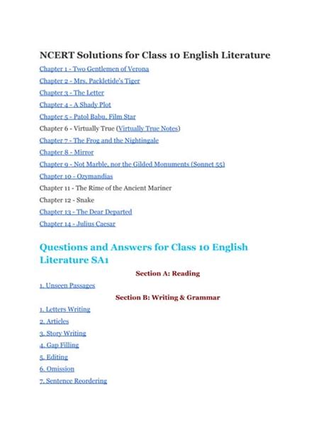 Ncert Solutions For Class 10 English Literature PDF