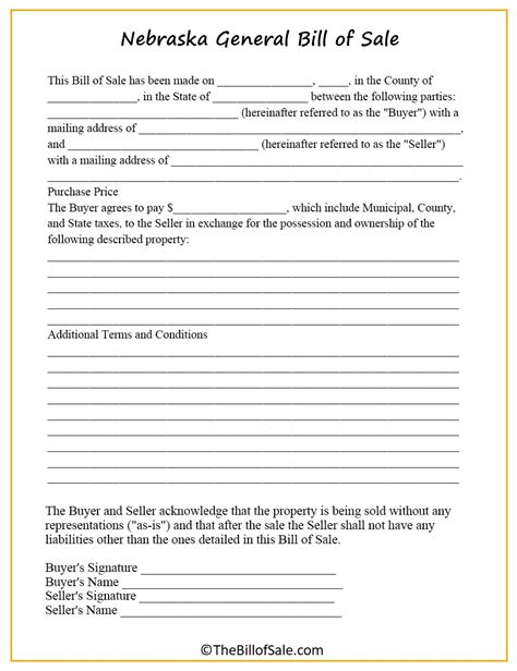 Nebraska Bill Of Sale Printable