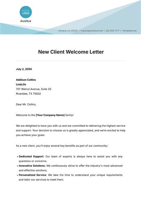 New Client New Customer Welcome Letter Template