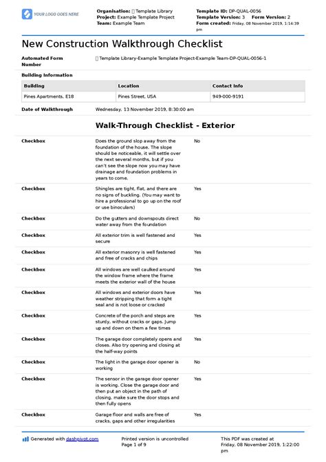 New Construction Walk-through Checklist Template