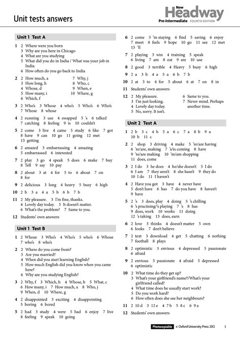 New Headway Pre Intermediate Tests Answer Key Kindle Editon