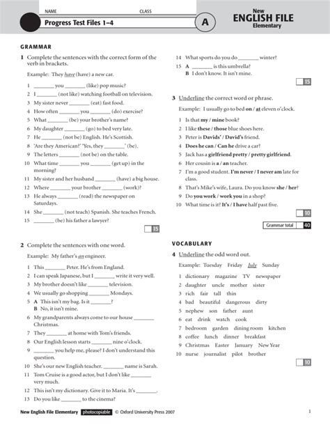 New Progress Test Files 1 4 A English File Elementary Answers Doc