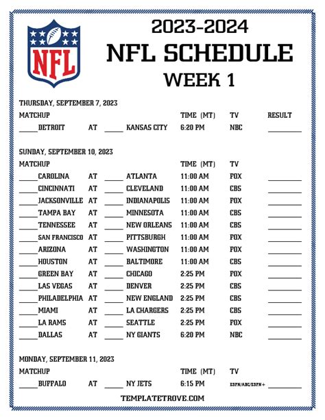 Nfl Schedule By Week Printable
