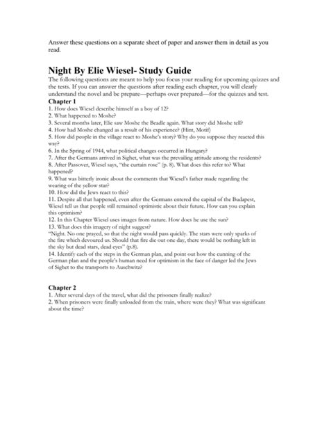 Night By Elie Wiesel Study Guide Answers Kindle Editon