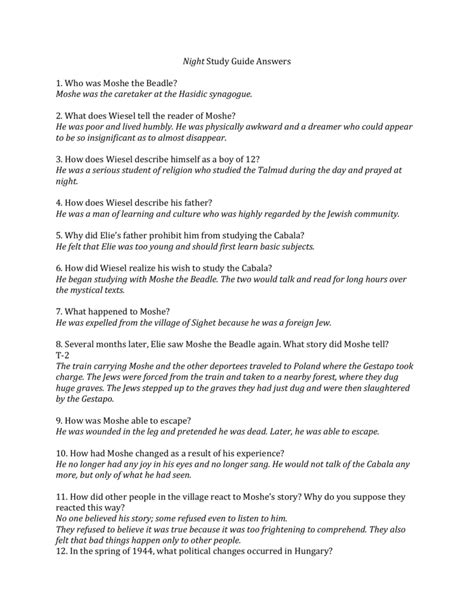 Night Study Guide Answers Chapters 3 Through 5 Reader