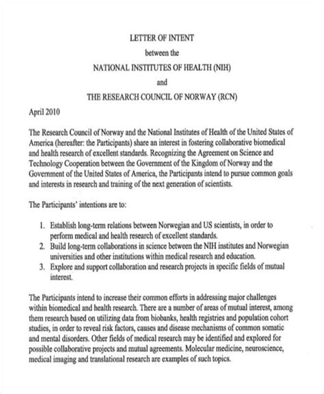Nih Letter Of Intent Template