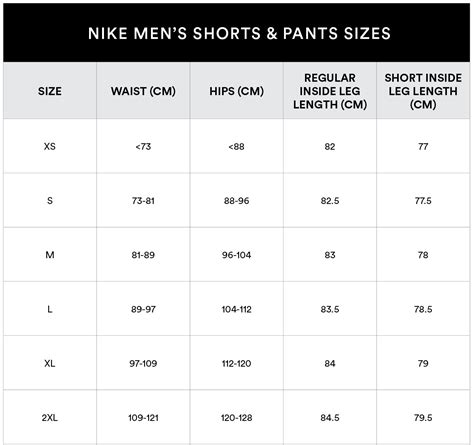 Nike Shorts Sizing Chart