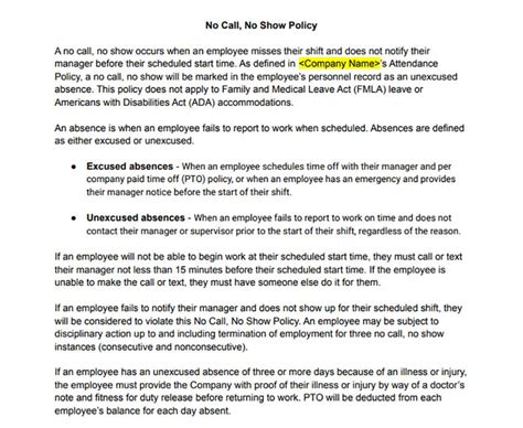 No Show Policy Template