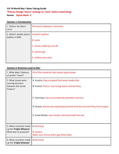 Note Taking Study Guide Answers World War Reader