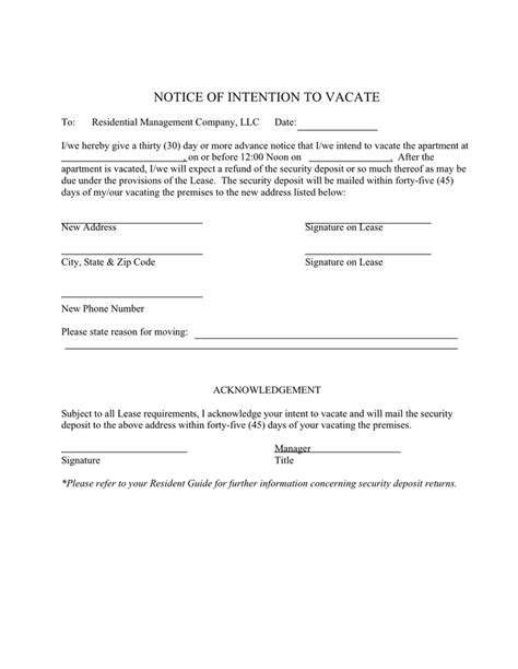 Notice Of Intent To Vacate Template