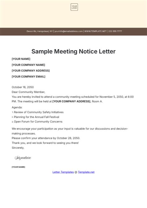 Notice Of Meeting Template Sample