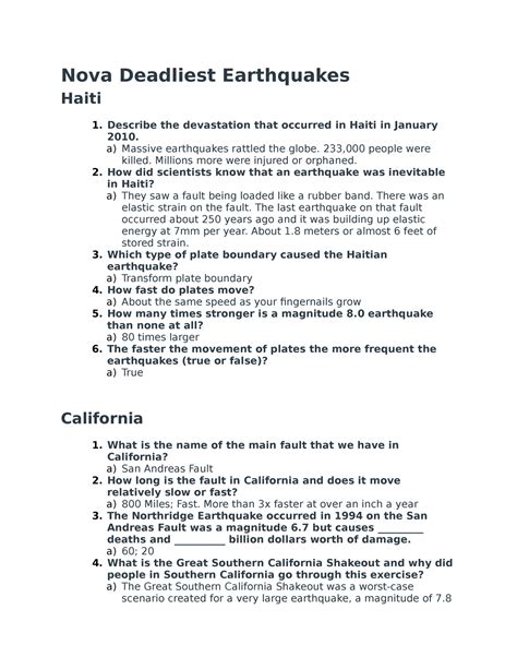 Nova Deadliest Earthquakes Answer Key For Questions Reader