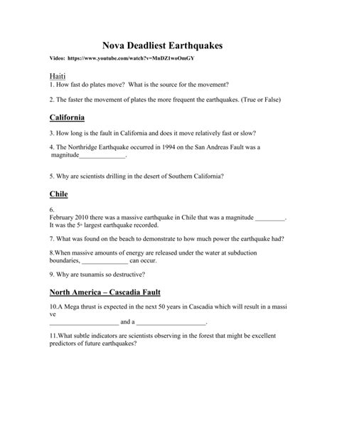 Nova Deadliest Earthquakes Worksheet Answers PDF