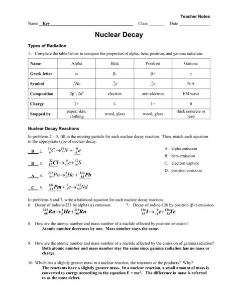 Nuclear Decay Work Sheet Answer Key Reader