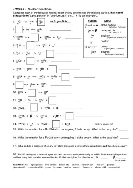 Nuclear Reaction Worksheet Answers Doc