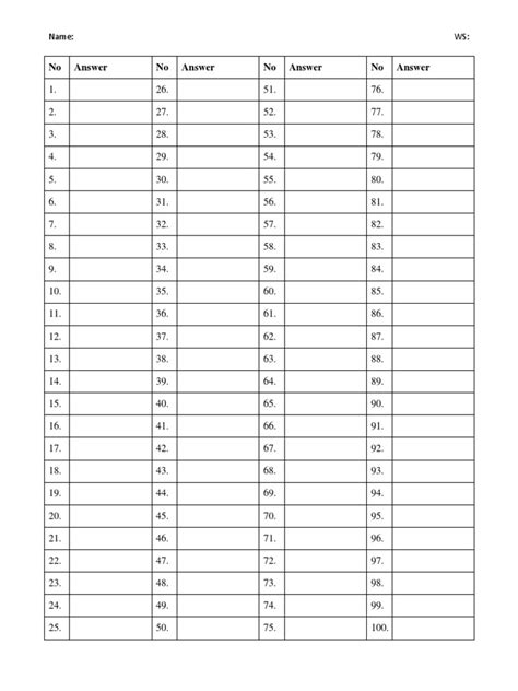 Numbered Answer Sheet 1 100 Doc