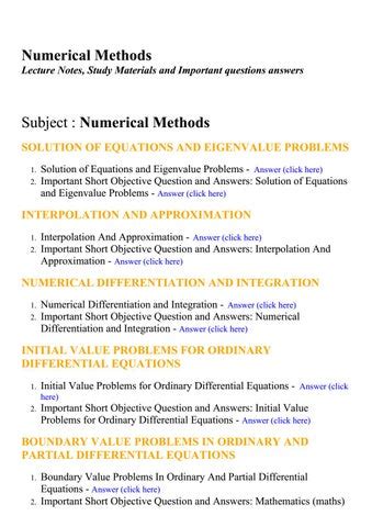 Numerical Methods Short Answer Qustion Answers Kindle Editon