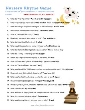 Nursery Rhymes Game Answer Sheet PDF
