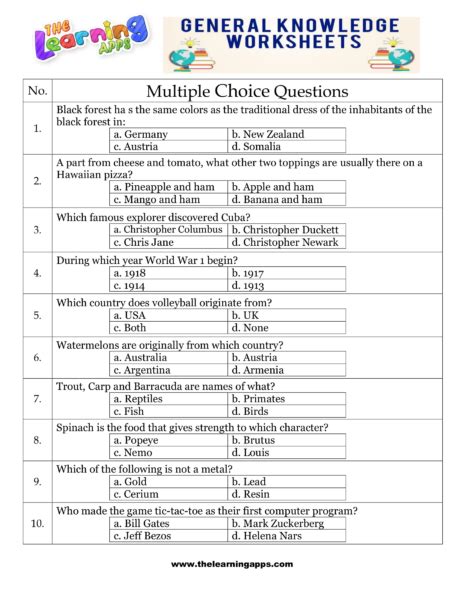 Nurserygeneral Knowledge Quiz With Answers Printable Reader