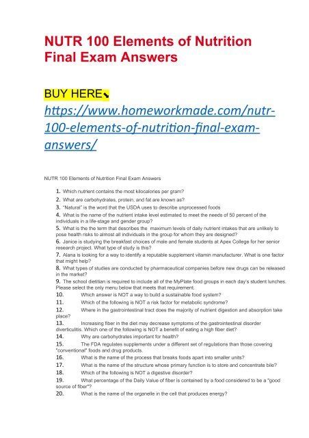 Nutrition Final Exam Answers Doc