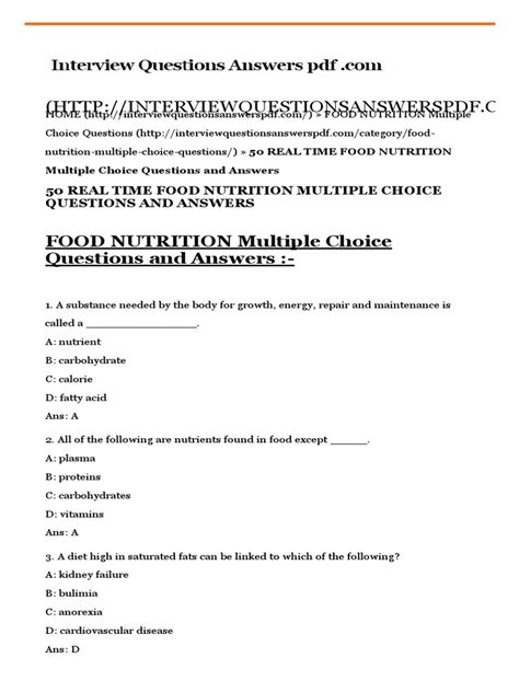 Nutrition Multiple Choice Questions And Answers PDF