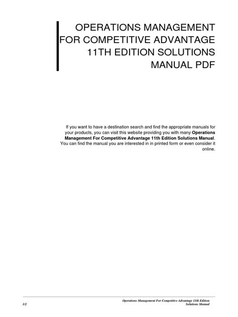 OPERATIONS MANAGEMENT FOR COMPETITIVE ADVANTAGE SOLUTIONS MANUAL Ebook Epub