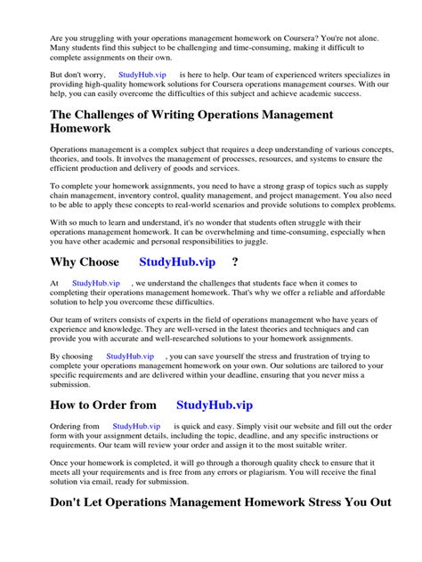 OPERATIONS MANAGEMENT HOMEWORK 1 SOLUTIONS COURSERA Ebook Reader