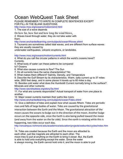 Ocean Webquest Task Sheet Answer Key Kindle Editon