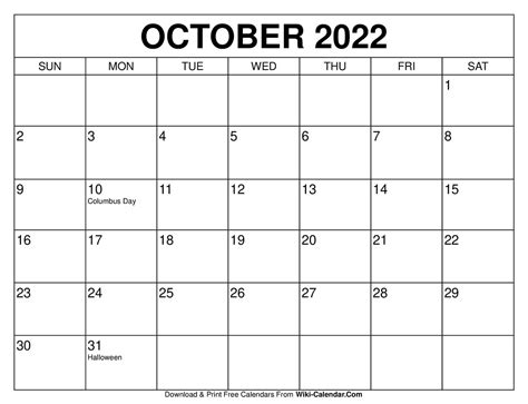 October Calendar Printable Free