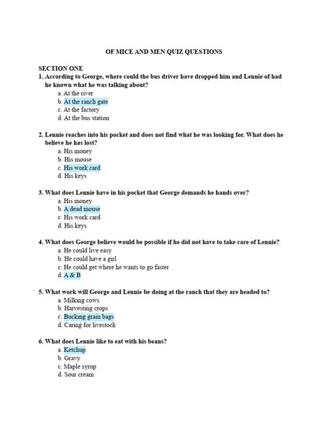 Of Mice And Men Test Questions Answers Doc