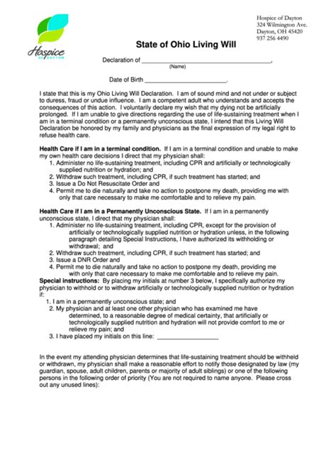 Ohio Living Will Template