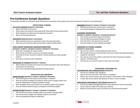 Ohio Teacher Evaluation Sample Pre Conference Answers Reader