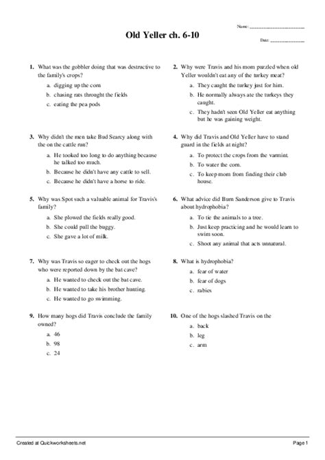 Old Yeller Test Questions And Answers Doc