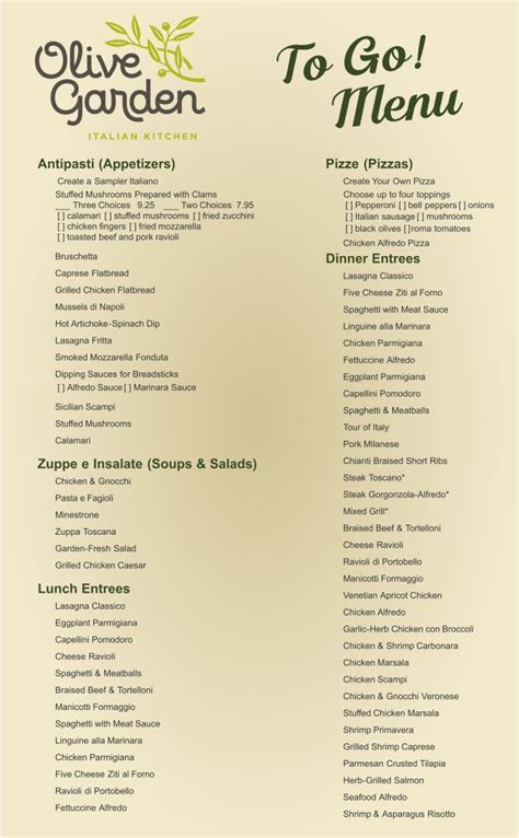 Olive Garden Menu Printable