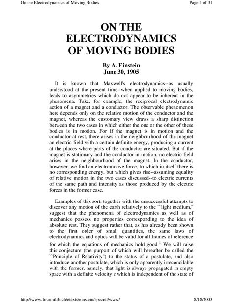 On the Electrodynamics of Moving Bodies PDF