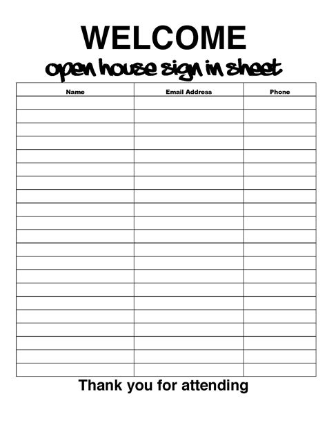 Open House Sign In Sheets Template