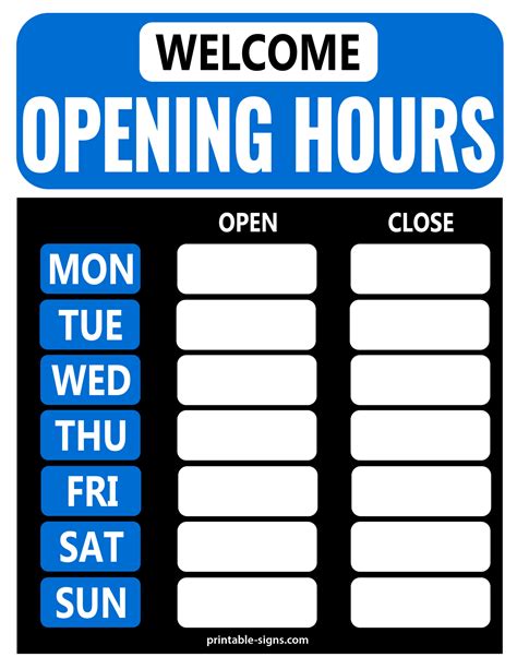 Opening Hours at a Glance