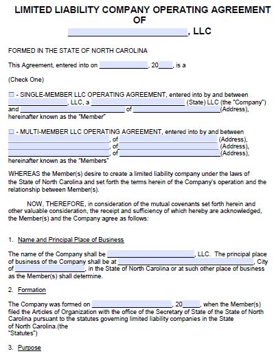 Operating Agreement Llc Nc Template