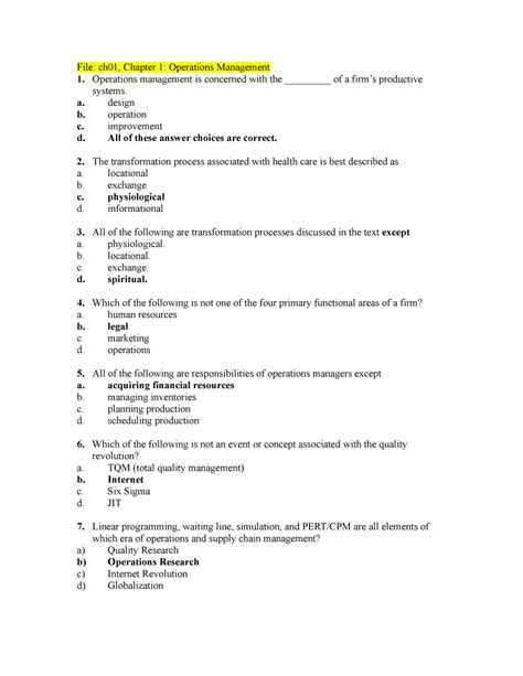 Operation Management Quiz Questions Answers PDF