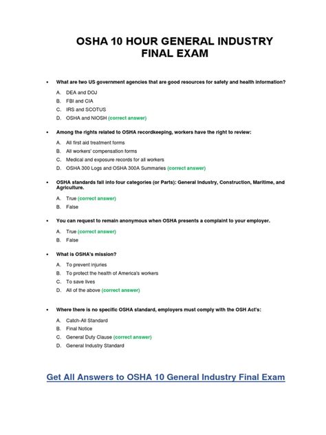 Osha 10 Hour General Industry Test Answers PDF